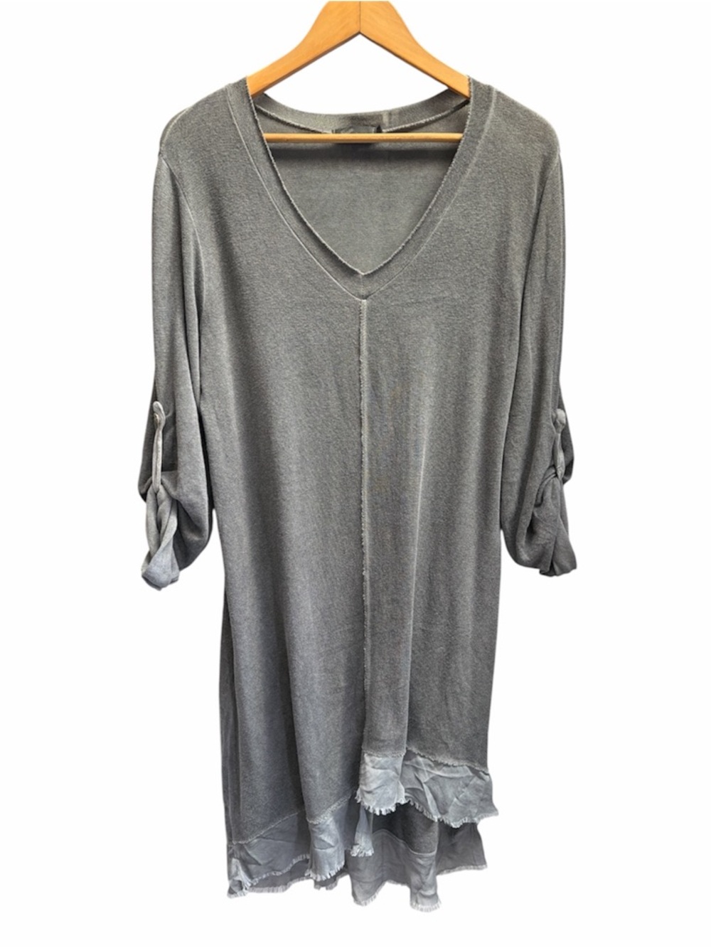 M Brand Italy Washed Gray V-Neck, Hi-Low Bohemian Dress, Rolled Sleeves Size M